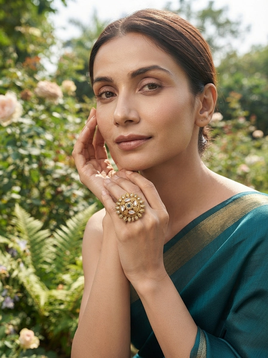 Women Gold-Plated Kundan Traditional Statement Ring