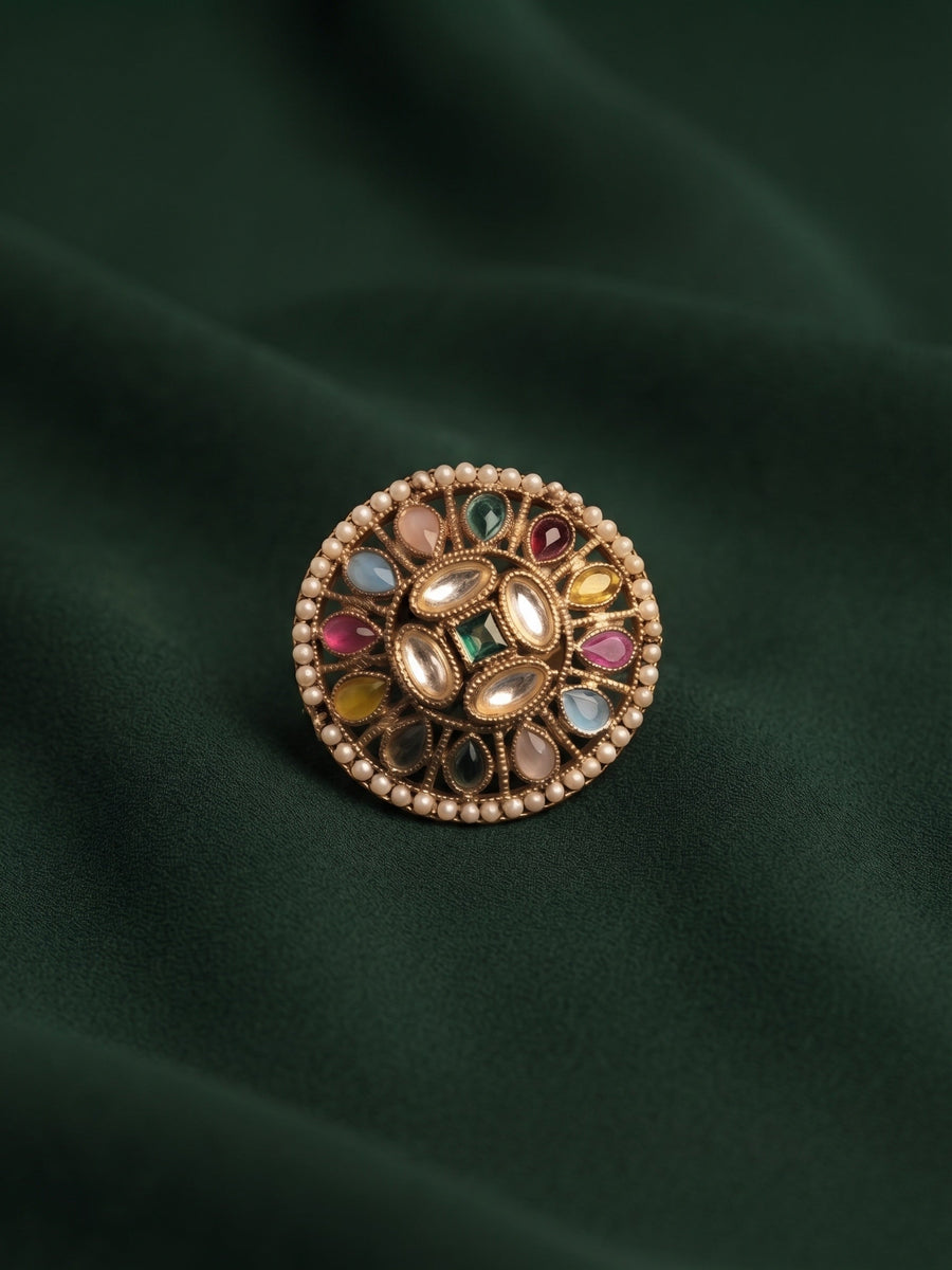 Women Gold-Plated Kundan Traditional Statement Ring