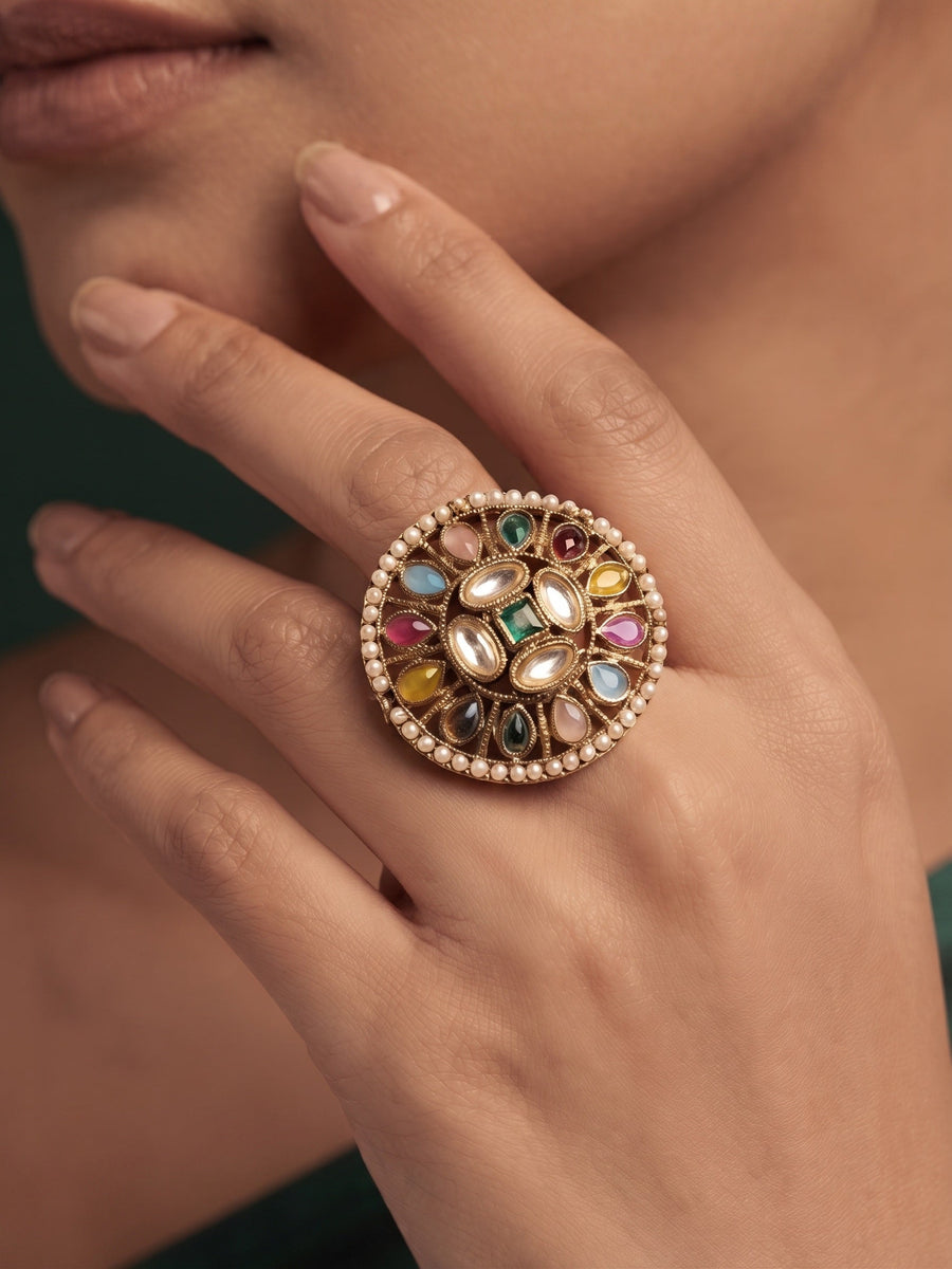 Women Gold-Plated Kundan Traditional Statement Ring