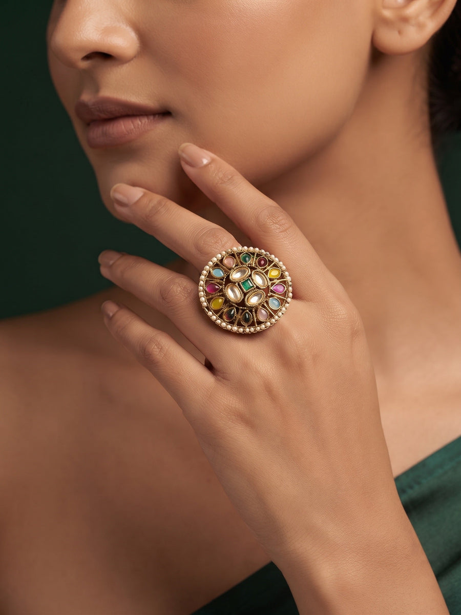 Women Gold-Plated Kundan Traditional Statement Ring