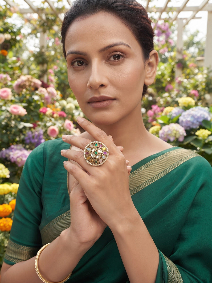 Women Gold-Plated Kundan Traditional Statement Ring