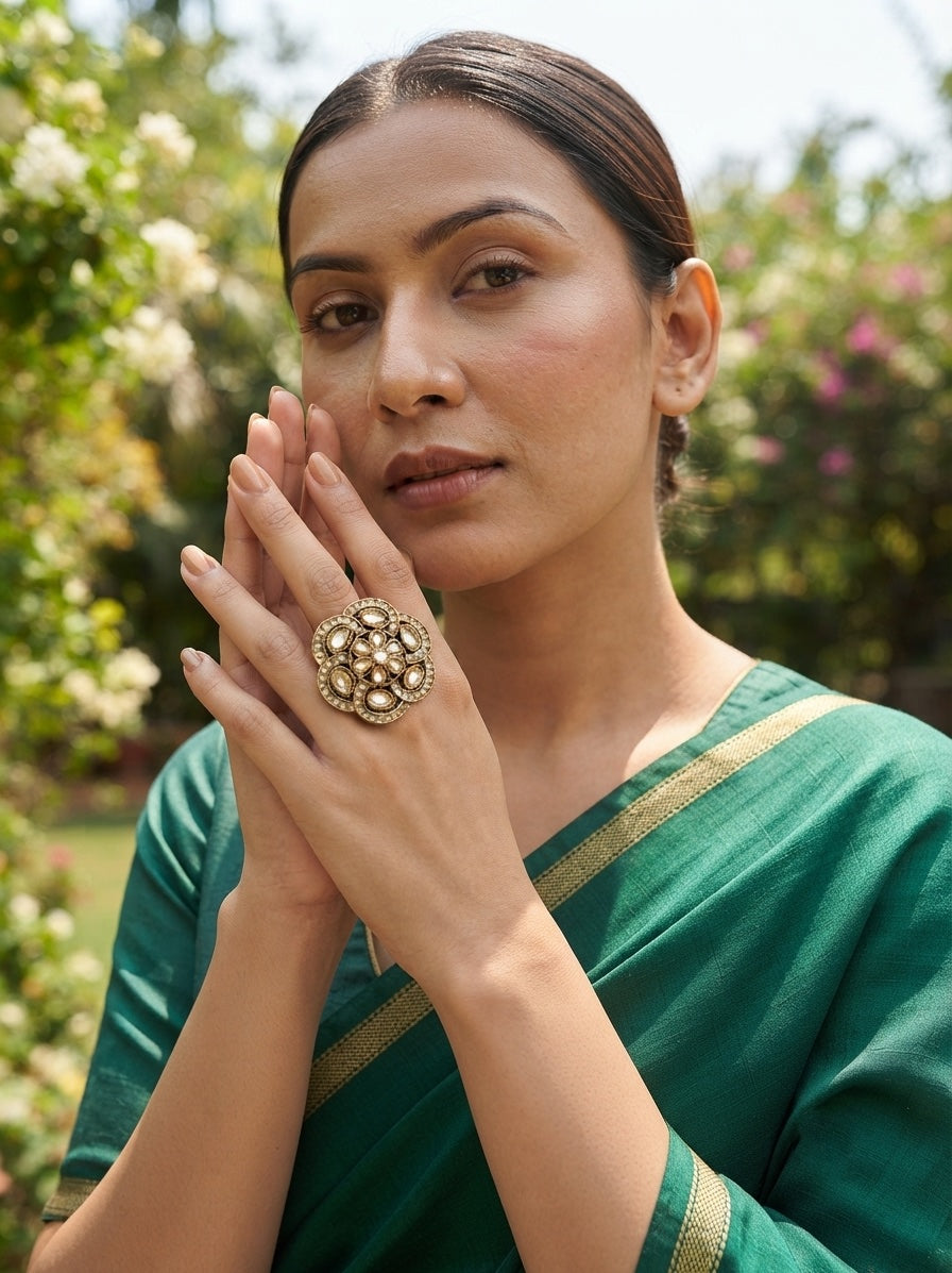 Women Gold-Plated Kundan Traditional Statement Ring